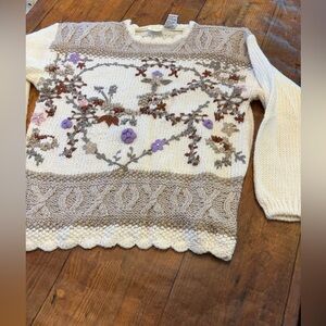 Vintage Needles Women's Sweater with Floral Embroidery - Cream and Purple